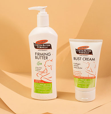 Palmer's Firming Butter and Bust Cream, skin care for after pregnancy, on table