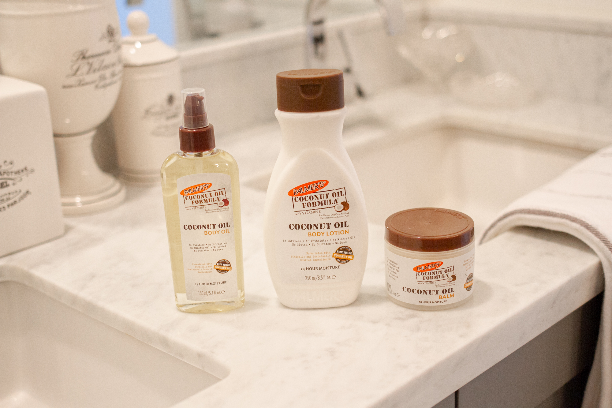 Palmer's Coconut Oil Formula winter skin care products in bathroom
