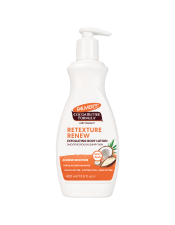 Benefits:

Smoothes & Softens rough, bumpy skin with AHAs. Lactic Acid and a natural blend of Cocoa Butter, Coconut Oil, Shea Butter and Vitamin E
48 hour moisture
Vegan Friendly - no animal ingredients or testing
Dermatologist Approved, Clinically proven results
Free of Parabens, Phthalates
America's #1 Cocoa Butter brand
After 4 weeks* 100% saw improved skin texture, 100% improved skin smoothness, 94% reduced appearance of bumpy skin
Perfect for areas prone to bumpiness such as upper arms, outer thighs or buttocks

 
Smooth and Soften rough, bumpy skin with Palmer's Cocoa Butter Formula Retexture & Renew Exfoliating Body Lotion, crafted with AHAs and a Triple Blend of Radiance Activating Moisturizers Cocoa Butter, Coconut Oil and Shea Butter to exfoliate dead skin cells and smooth bumpy skin.  America's #1 Cocoa Butter brand Palmer's Cocoa Butter Formula uses the highest quality natural ingredients for superior moisturization head-to-toe.
*independent clinical in-use test 38 subjects