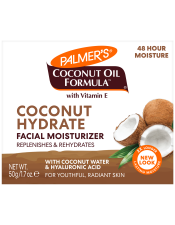 Benefits:

Naturally hydrates and infuses skin with antioxidants
Non-comedogenic, hypoallergenic and dermatologist tested 
Ethically & sustainably sourced ingredients
Free of parabens, phthalates, mineral oil and dyes
Not tested on animals
Fair Trade Certified Organic Extra Virgin Coconut Oil

 
Palmer's Coconut Hydrate Facial Moisturizer drenches skin in naturally hydrating coconut water, hyaluronic acid and papaya enzymes to revitalize and replenish skin for a healthy-looking, dewy complexion. 