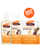 Benefits:

Length retention must haves in one convenient set at a special price
Includes 5.1 fl oz Hair + Scalp Oil, 8.5fl oz. Leave-In Conditioner and 2.1 fl oz Biotin Pack
Strengthens and moisturizes with Cocoa Butter and Biotin to help block brittleness, fragileness, breakage and split ends


Created for all curl patterns and textures
Silicone Free
No parabens, phthalates, mineral oil, gluten or dyes
For healthier looking hair, use the entire Palmer's Cocoa Butter Formula Length Retention system
Committed to responsible sourcing

 
 
Palmer’s Cocoa Butter Formula® Length Retention system with Biotin, fully strengthens hair with powerhouse natural protectants that help block fragileness, brittleness, breakage and split ends, to help hair achieve its optimal length.
An intensive strengthening treatment, the Biotin Pack deeply penetrates to nourish brittleness, breakage and split ends for improved manageability and shine.
Lightweight and gentle enough for daily use, the Hair + Scalp Oil adds long lasting hydration and shine, while soothing and supporting scalp health.
The creamy, silicone free Leave-In Conditioner instantly eliminates knots, tangles, while improving hair's strength to protect it from splits and breakage for hair that is more manageable.