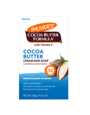 Benefits:

Richly lathering cream Cocoa Butter soap cleanses without stripping skin
Hydrating bar soap perfect for use all over body and face

 
Palmer's Cocoa Butter Formula Cream Bar Soap, a richly lathering cream soap, softens and moisturizes as it cleans without leaving a dry, tight feeling.  Enriched with pure Cocoa Butter and Vitamin E, this cream soap is excellent for use on face, hands and body.  The ultimate bar soap for moisturizing the skin.  Use daily for a smooth, clear, radiant complexion.