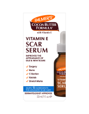 Benefits:

Vitamin E Scar Serum
Five powerful ingredients
Helps reduce the appearance of scars

 
Contains the ingredients most recommended by doctors.  Palmer's Cocoa Butter Formula Vitamin E Scar Serum combines five powerful ingredients to reduce the appearance of scars resulting from surgery, injury, burns, stretch marks, C-section, cuts, scrapes, and insect bites.