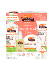 Benefits:

From the #1 brand for stretch marks, this 4-piece set includes Massage Lotion, Cream, Tummy Butter Solid Balm and a bonus Skin Therapy Oil.
Massage Lotion for Stretch Marks, which can be used in place of your regular moisturizer, is an all-over body lotion that helps visibly improve elasticity and reduce the appearance of stretch marks.
Massage Cream for Stretch marks is a super targeted cream concentrate that is ideal for stretch mark prone areas such as your tummy, thighs, hips & bust. This is best to layer over your Palmer's Massage Lotion. 
The Tummy Butter for Stretch Marks, which is best used at nighttime or whenever your skin needs more thorough care, is an intensive treatment solid balm widely recommended for stretch marks during or after pregnancy or weight fluctuations.
Skin Therapy Oil for body helps to improve the appearance of scars, stretch marks, dry, damaged skin, uneven skin tone, aging skin & fine lines and wrinkles. This preservative-free, lightweight, non-greasy formula will help leave your skin looking and feeling instantly soft and smooth.
Made with plant based ingredients for beautiful skin, all Palmer's stretch mark products are hypoallergenic & free of mineral oil, parabens, phthalates, fragrance allergens & artificial dyes

Palmer's Cocoa Butter Formula Complete Stretch Mark Care Kit provides a pre-natal skincare regimen that helps to visibly improve skin elasticity and reduce the appearance of stretch marks that occur during and after pregnancy, or due to significant fluctuations in weight.   