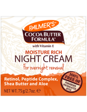 Benefits:

Natural Cocoa Butter, Retinol and Vitamin E promote softer, smoother skin overnight
Nightly use leaves skin looking more radiant, youthful and healthy
Non-comedogenic
Dermatologist Tested
Safe for Sensitive Skin

 
Palmer's Cocoa Butter Formula Moisture Rich Night Cream helps skin to regenerate while you sleep. Containing Natural Cocoa Butter, Retinol and antioxidant Vitamin E, this unique formula promotes softer, smoother skin overnight. Nightly use leaves skin looking more radiant, youthful and healthy.
 