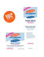 Benefits: 

Get your Skin Success tone correction essentials at one special price!
Includes 2.7 oz Skin Success Anti-Dark Spot Fade Cream and 8.5 fl oz Skin Success Anti-Dark Spot Fade Milk


Minimizes the appearance of fine lines and wrinkles
Brighter, more radiant skin
Visible results in as little as 2 weeks*
Free of Hydroquinone, Parabens, Phthalates, Sulfates, MI and Dyes
Not tested on animals

 
Correct discoloration and dark spots and brighten tone from head-to-toe with the Skin Success bundle. 
Palmer's Skin Success Fade Milk gives you a flawlessly radiant body by effectively correcting discoloration on pigment-prone areas of the body such as arms, legs, knees, elbows and decolletage.
Palmer's Skin Success Fade Cream gives you a flawlessly radiant complexion by effectively correcting discoloration such as dark spots, age spots and uneven skin tone.
 
*May take up to 6 weeks