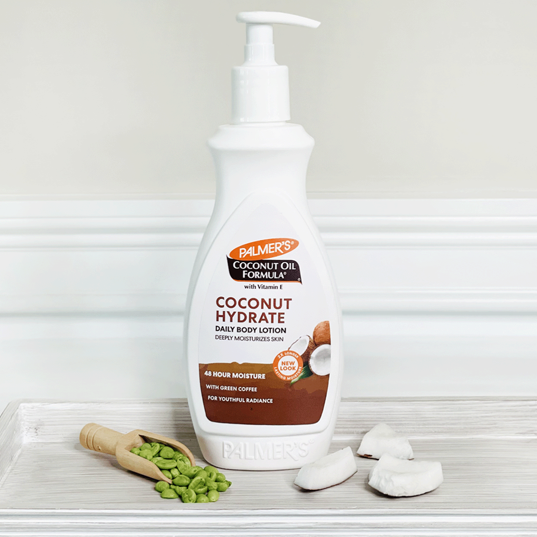 Palmer's Coconut Oil Formula Coconut Hydrate Body Lotion explaining effects of coconut oil and green coffee extract on skin