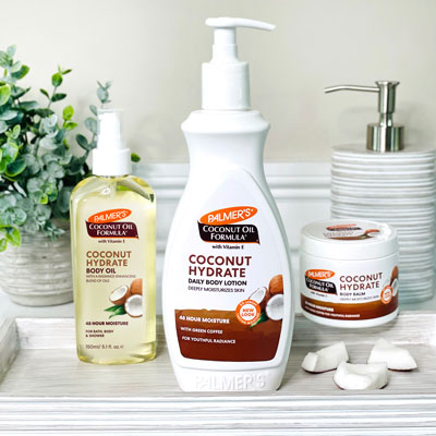 Palmer's Coconut Oil Formula products for hydrating dry skin in the winter, in tray on a table