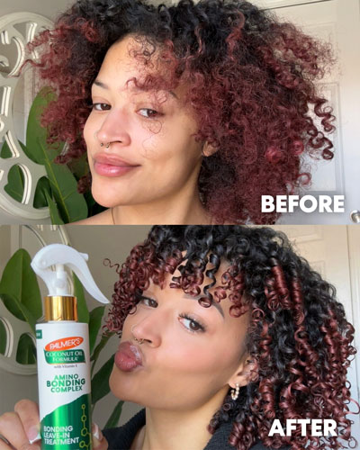 Before and after of woman's damaged curly hair after using Palmer's Amino Bonding Complex Bonding Leave In Treatment, the best leave-in conditioner for curly hair