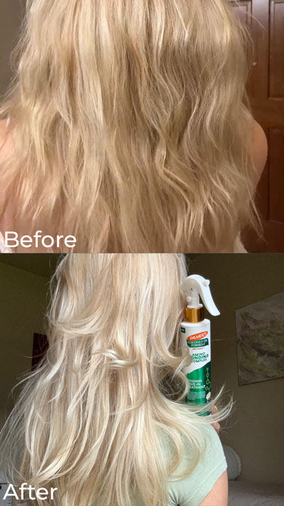 Before and after of woman's bleach blonde hair after using Palmer's Amino Bonding Complex Leave-In Treatment, the best leave-in conditioner for damaged bleached hair