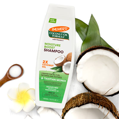 Palmer's Coconut Oil Moisture Boost Shampoo, one of the best sulfate free shampoos for relaxed hair, on white background with ingredients