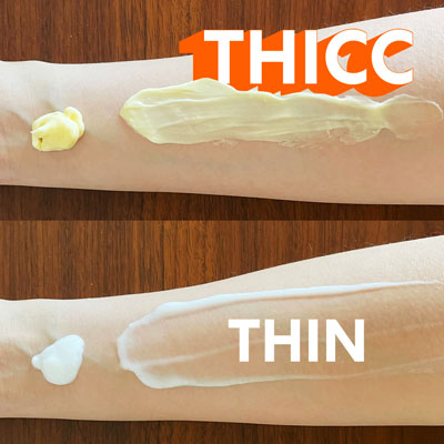 Comparison of Palmer's thicc lotion vs thinner lotion on arm