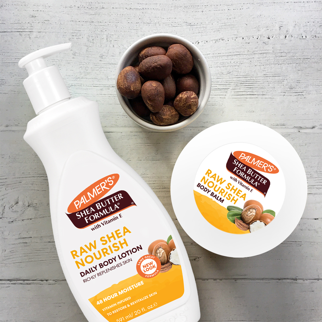 Palmer's Shea Butter Formula Balm and Lotion, winter skincare routine essentials, on table with shea nuts