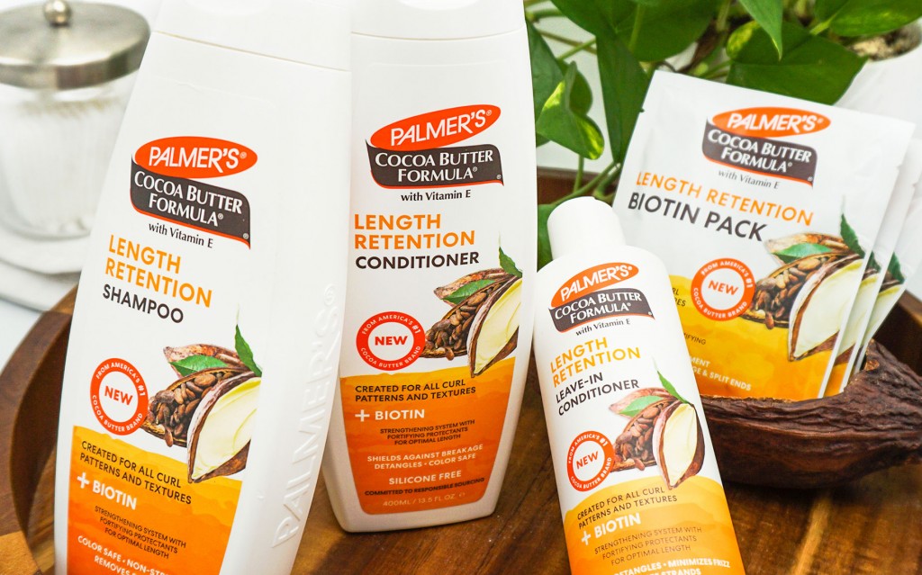 Palmer's Cocoa Butter Formula Length Retention products for natural hair twist styles in tray 