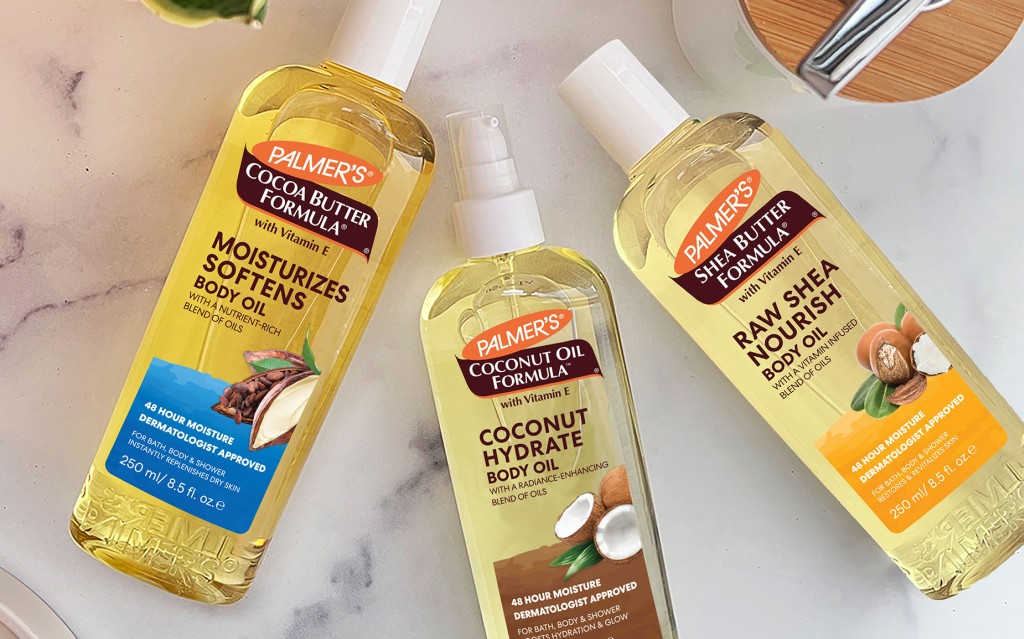 Palmer's Body Oils, an essential part of a skin care routine for dry skin, on a counter.