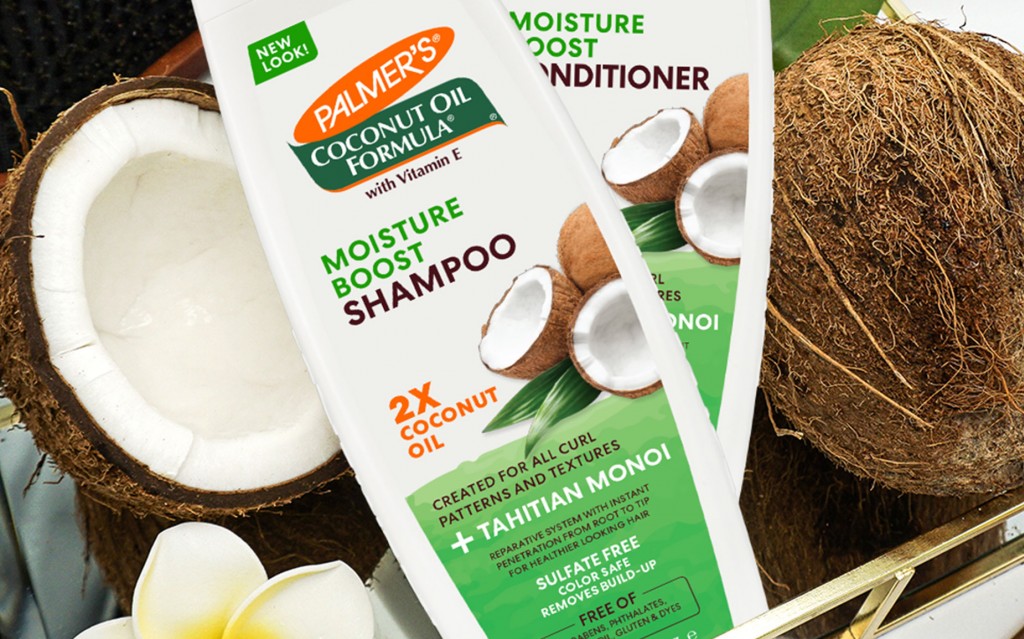 Palmer's Moisture Boost Shampoo, with all the sulfate free shampoo benefits, and Conditioner in tray on bathroom vanity