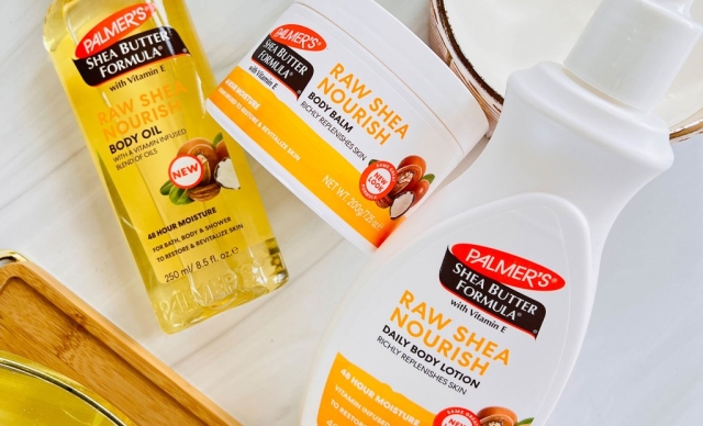 Palmer's Shea Butter Formula products, made with raw shea butter, on table with tray