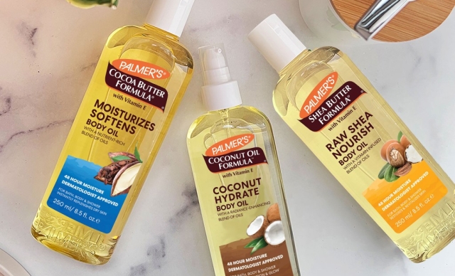 Palmer's Body Oils, an essential part of a skin care routine for dry skin, on a counter.