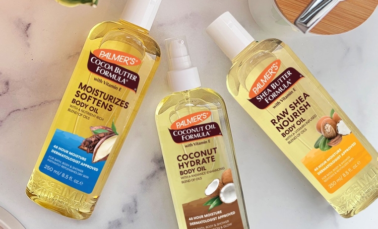 Palmer's Body Oils, an essential part of a skin care routine for dry skin, on a counter.